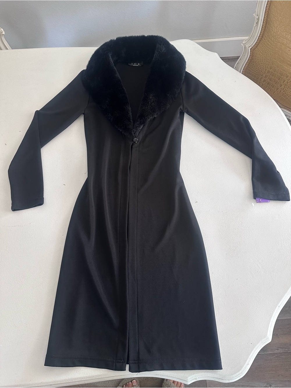 Vintage 90s/Y2K ICE Revolution Faux Fur Collar Black Midi Duster Made in USA sml